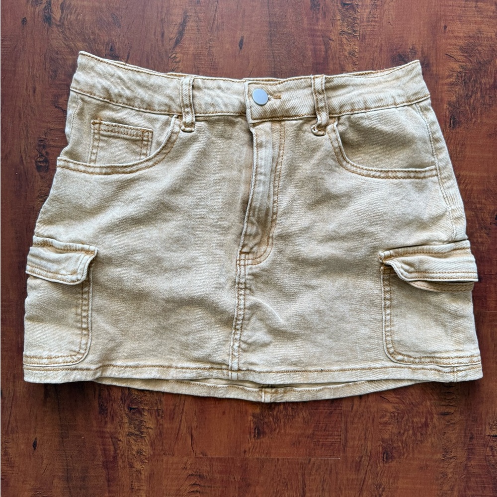 Tan Denim Mini Skirt with Pockets